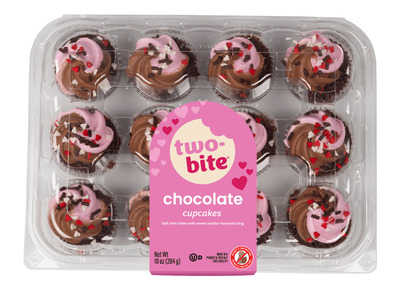 two-bite chocolate Valentines cupcakes with heart sprinkles in pink and red